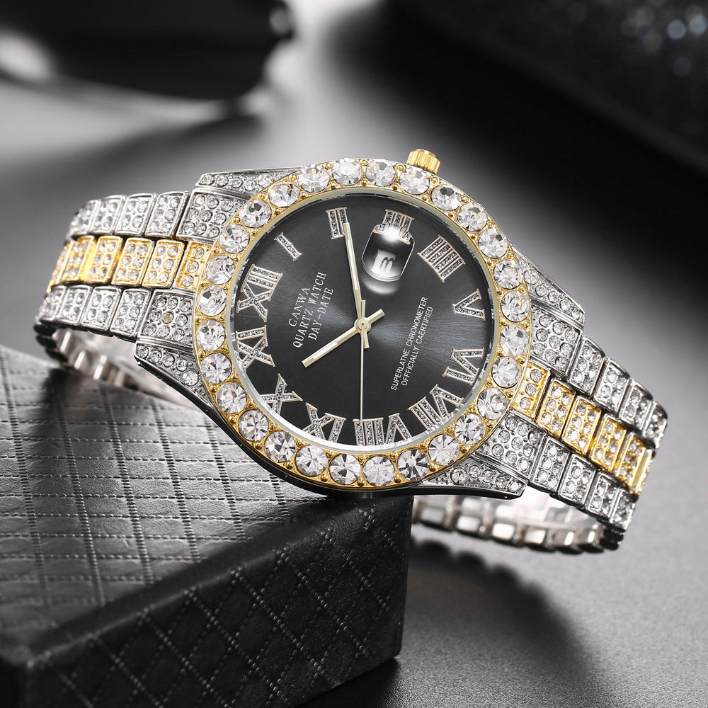 Internet Celebrity Watch Men's High-End Full Diamond Cross-Border Steel Band Fashion Rhinestone Calendar Quartz Watch Starry Men's Watch
