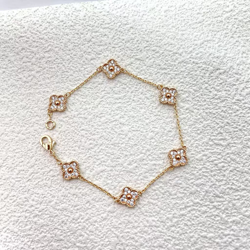 High version 925 silver 9mm small six-flower mini four-leaf clover bracelet women's full diamond natural white fritillary red chalcedony agate