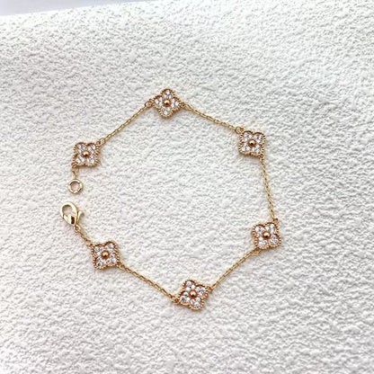 High version 925 silver 9mm small six-flower mini four-leaf clover bracelet women's full diamond natural white fritillary red chalcedony agate