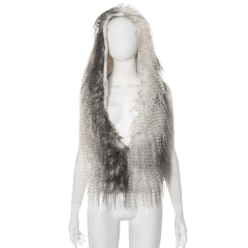 Y25Tp242 European and American Cross-Border Women's Autumn and Winter Halterneck Hooded Deep V Neck Furry Tassel Adjustable Waist Top T-Shirt