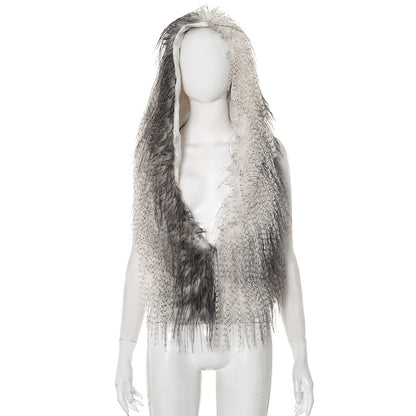 Y25Tp242 European and American Cross-Border Women's Autumn and Winter Halterneck Hooded Deep V Neck Furry Tassel Adjustable Waist Top T-Shirt