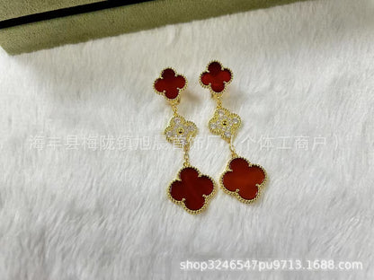 2024 New Four-Leaf Clover Three-Flower Plated 18K Gold Black Agate Red Chalcedony Long Earrings for Women Ins Earrings Anti-Over