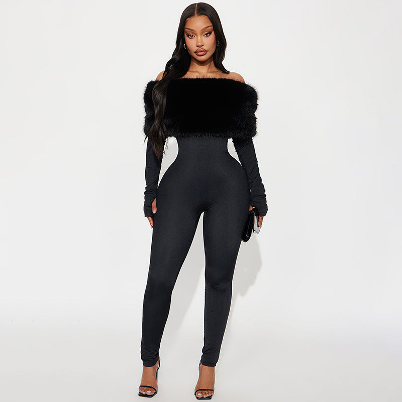 J25Jp405 European and American Cross-Border Women's Autumn and Winter One-Line Collar Off-Shoulder Fur Splicing Finger-Length Long-Sleeved Nine-Point Jumpsuit