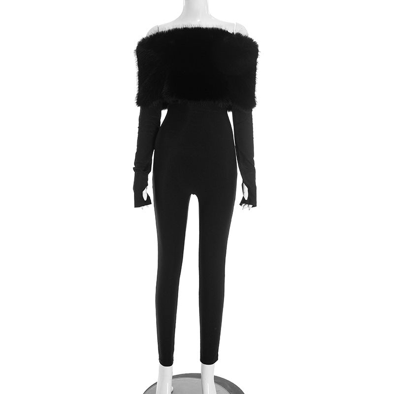 J25Jp405 European and American Cross-Border Women's Autumn and Winter One-Line Collar Off-Shoulder Fur Splicing Finger-Length Long-Sleeved Nine-Point Jumpsuit