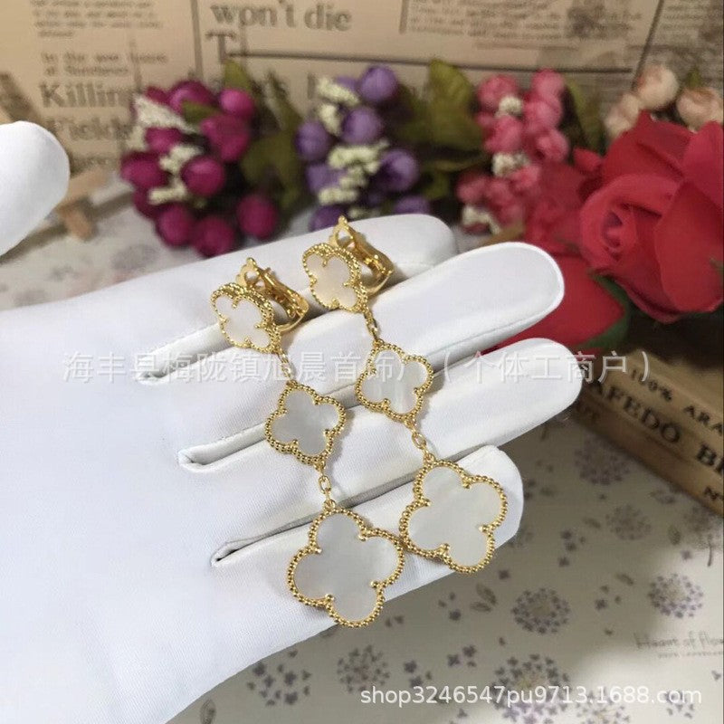 2024 New Four-Leaf Clover Three-Flower Plated 18K Gold Black Agate Red Chalcedony Long Earrings for Women Ins Earrings Anti-Over