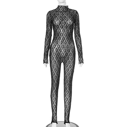 Y24JP659 European and American style cross-border autumn and winter women's high collar lace sexy hollow perspective net stockings zipper jumpsuit