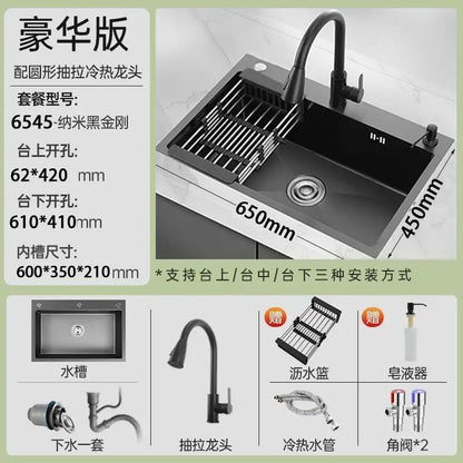 Black 304 Stainless Steel Sink 3mm Thickeneded Kitchen Sink Large Single Tank Household Above Counter Basin under Counter Dishwashing Basin