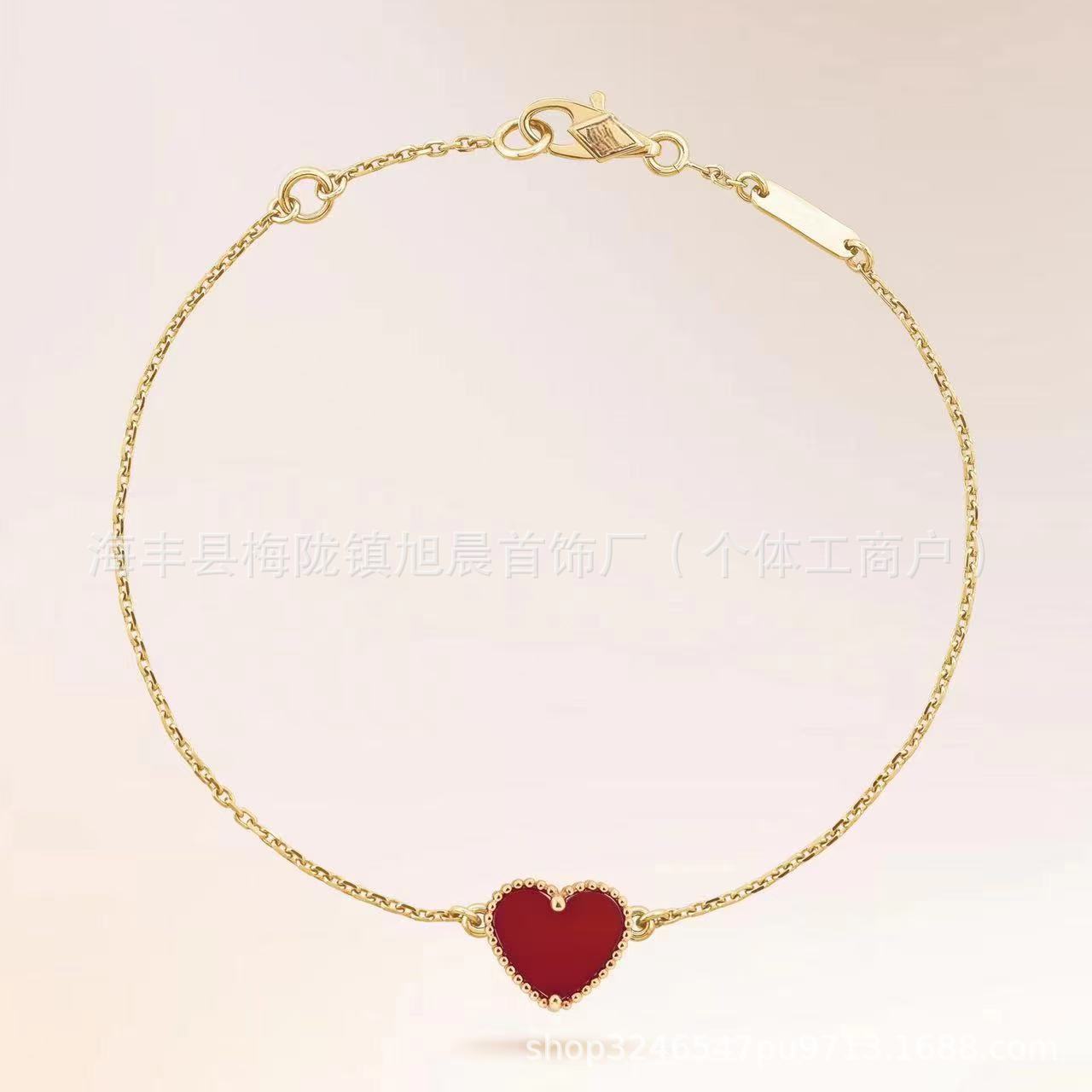 High Version V Gold Small Heart Bracelet for Women, Thick Plated 18K Rose Gold Heart-Shaped Red Agate Bracelet, Wholesale from Manufacturer