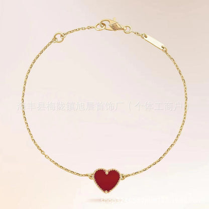 High Version V Gold Small Heart Bracelet for Women, Thick Plated 18K Rose Gold Heart-Shaped Red Agate Bracelet, Wholesale from Manufacturer