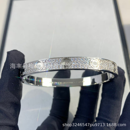 High Version Classic LOVE Gypsophila Three Row Diamond Full Diamond Couple Bracelet Wide Version Thick 18K Rose Gold Plating