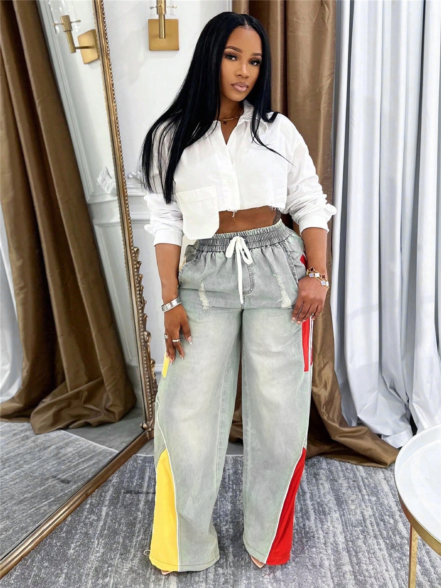 S391370 Foreign Trade European and American Fashion Women's Casual Drawstring High-Waist Contrasting Color Stitching Gradient Straight Denim Pants