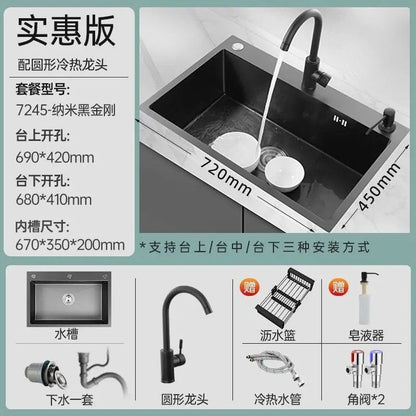 Black 304 Stainless Steel Sink 3mm Thickeneded Kitchen Sink Large Single Tank Household Above Counter Basin under Counter Dishwashing Basin