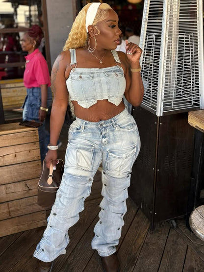 S391383 Cross-Border Women's New Casual Versatile Fashion Multi-Pocket Straight-Leg Jeans Women's New Trendy