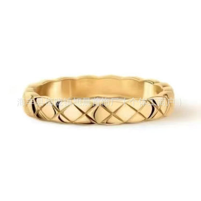 Coco Diamond Plaid Ring Light Luxury 18k Gold Diamond Inspired Stacked Wearing Wide and Narrow Edition High-end Small Chanel Style Couple Ring