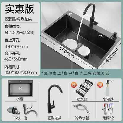 Black 304 Stainless Steel Sink 3mm Thickeneded Kitchen Sink Large Single Tank Household Above Counter Basin under Counter Dishwashing Basin