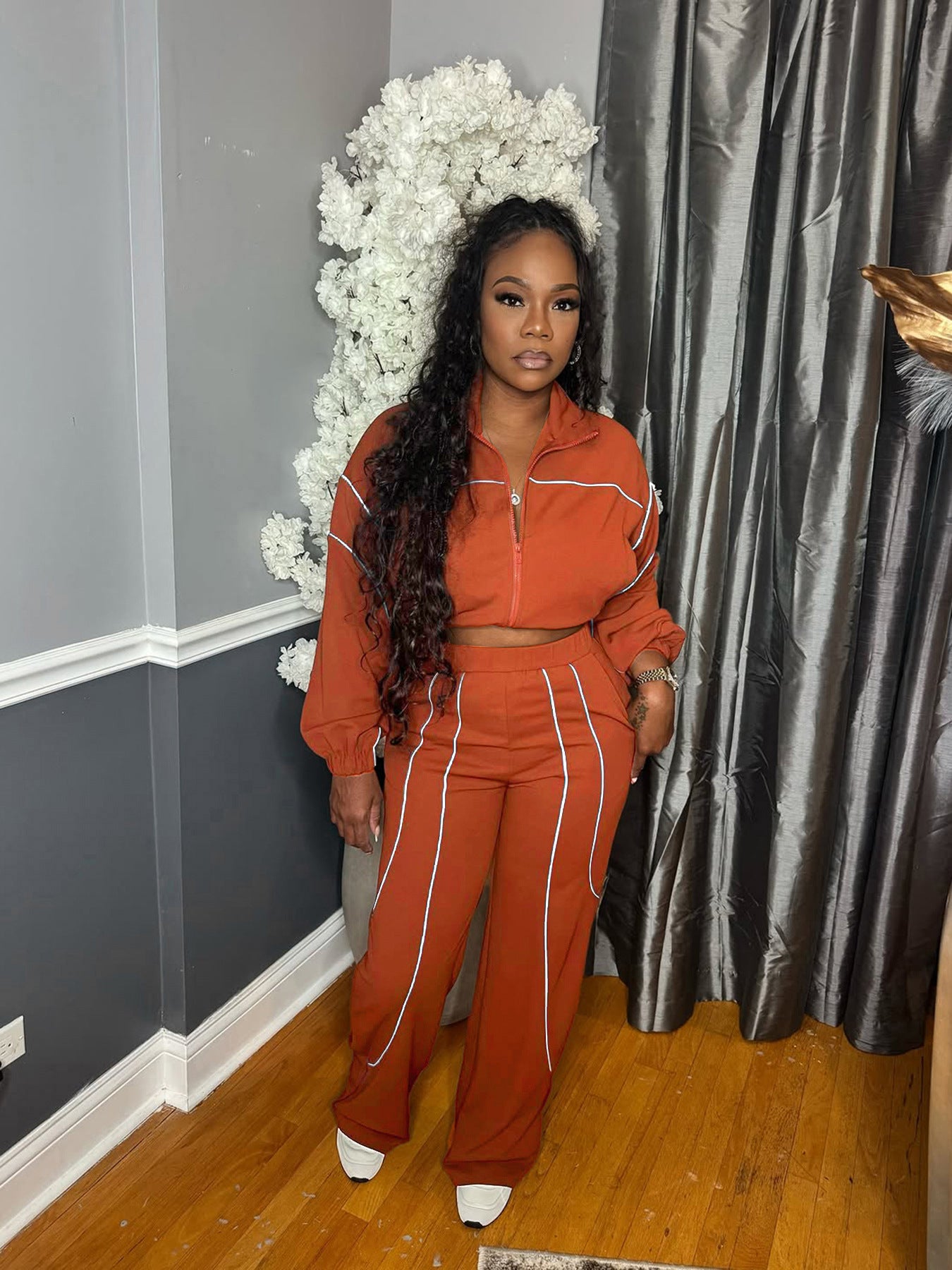 S391439 European and American Fashion Women's Woven Contrasting Line Top Wide-Leg Elastic Button Sports Pants Two-Piece Set