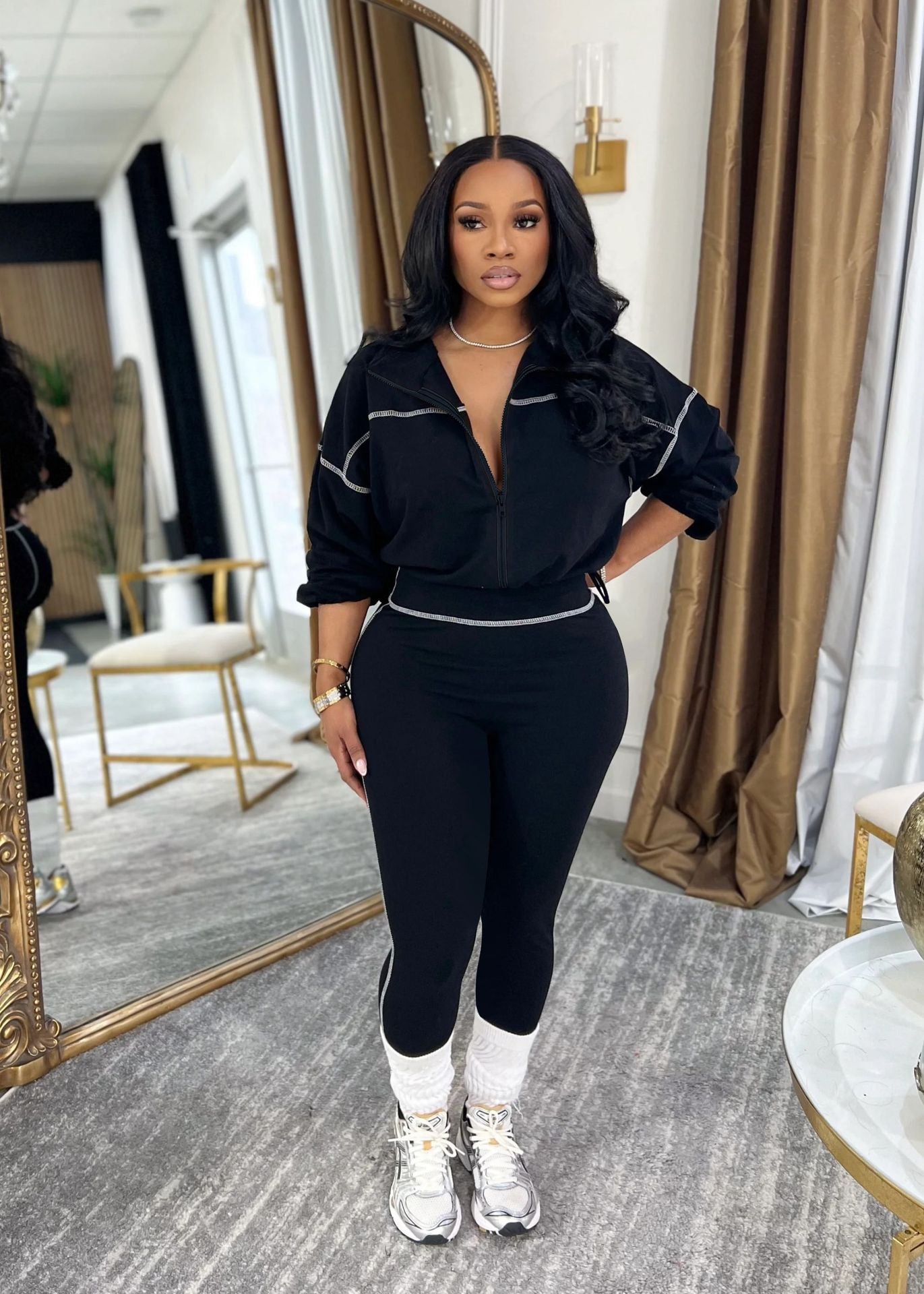 S391525 Fashion Casual Sports Suit Women's Spring and Autumn Solid Color Long Sleeve Zipper Women's Clothing Slimming Two-Piece Suit