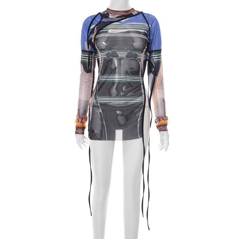 J25Tp137 European and American Cross-Border Women's Spring and Summer Pullover Mesh Printed Asymmetrical Strap Slit Long and Wide Top T-Shirt