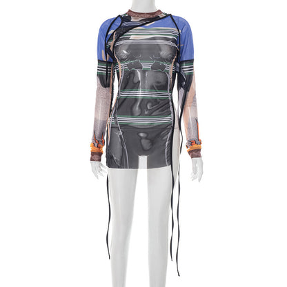 J25Tp137 European and American Cross-Border Women's Spring and Summer Pullover Mesh Printed Asymmetrical Strap Slit Long and Wide Top T-Shirt