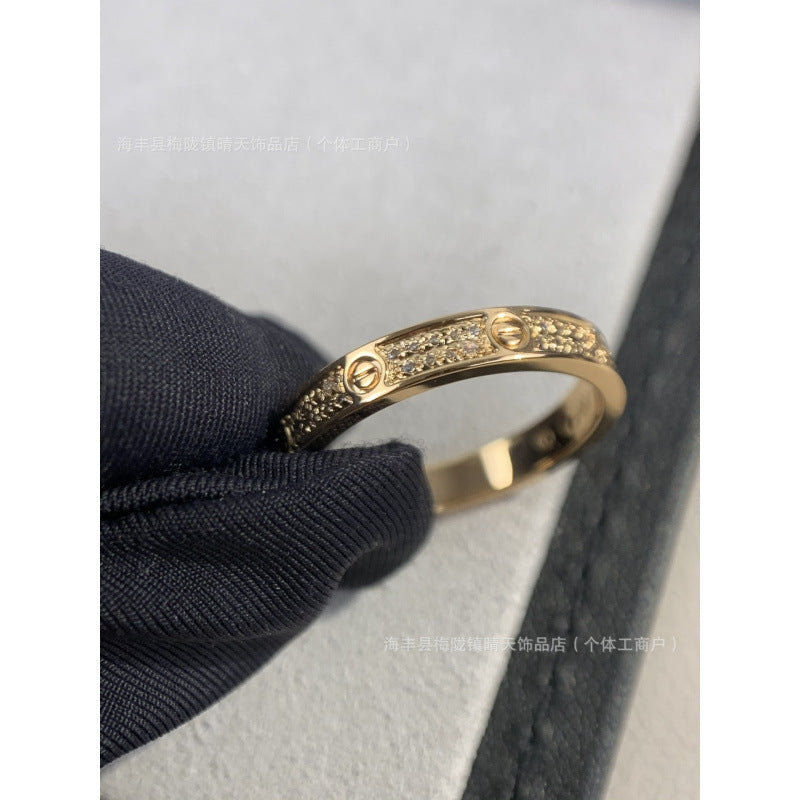High-End Baby's Breath Ring Plated with 18K Thick Gold Couple Ring Mini Diamond-Set Two-Row Three-Row Diamond Manufacturer Wholesale