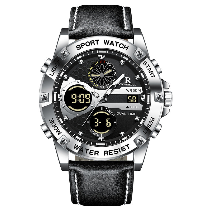Ruizhiyuan Cross-Border New Double Display Men's Leather Watch Student Trend Waterproof Electronic Watch Wholesale