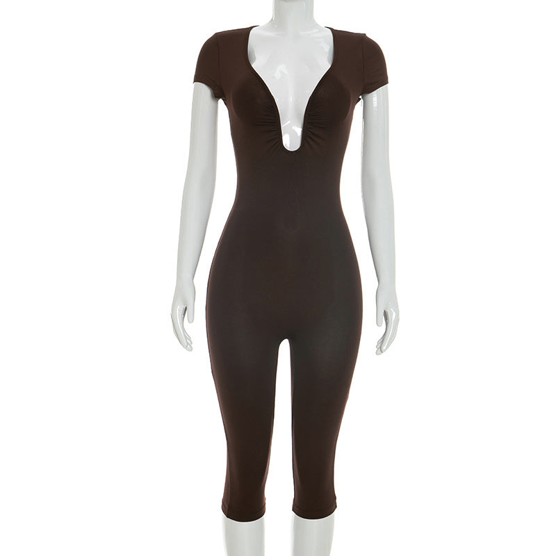 J25jp479 European and American Cross-Border Women's Clothing Spring and Summer Chest U-Neck Sleeve Solid Color Elastic Zipper Cropped Jumpsuit