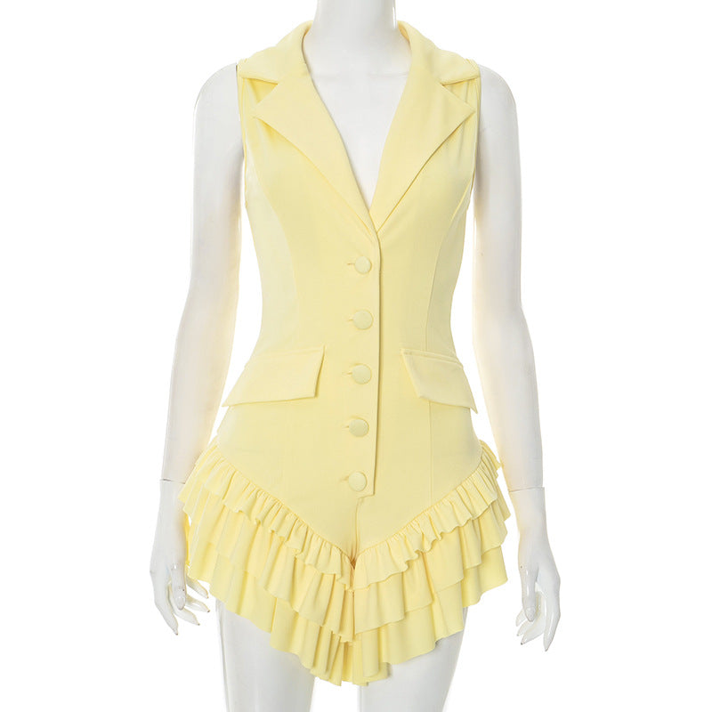D25Rp181 European and American Cross-Border Women's Spring and Summer Pure Color Lapel Button Sleeveless Triangle Ruffle Hem Short Jumpsuit
