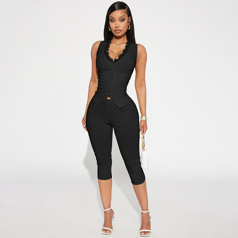 J26jp059 European and American Cross-Border Women's Clothing Spring and Summer U-Collar Lace Sleeveless Cropped Jumpsuit with Button Front Slit