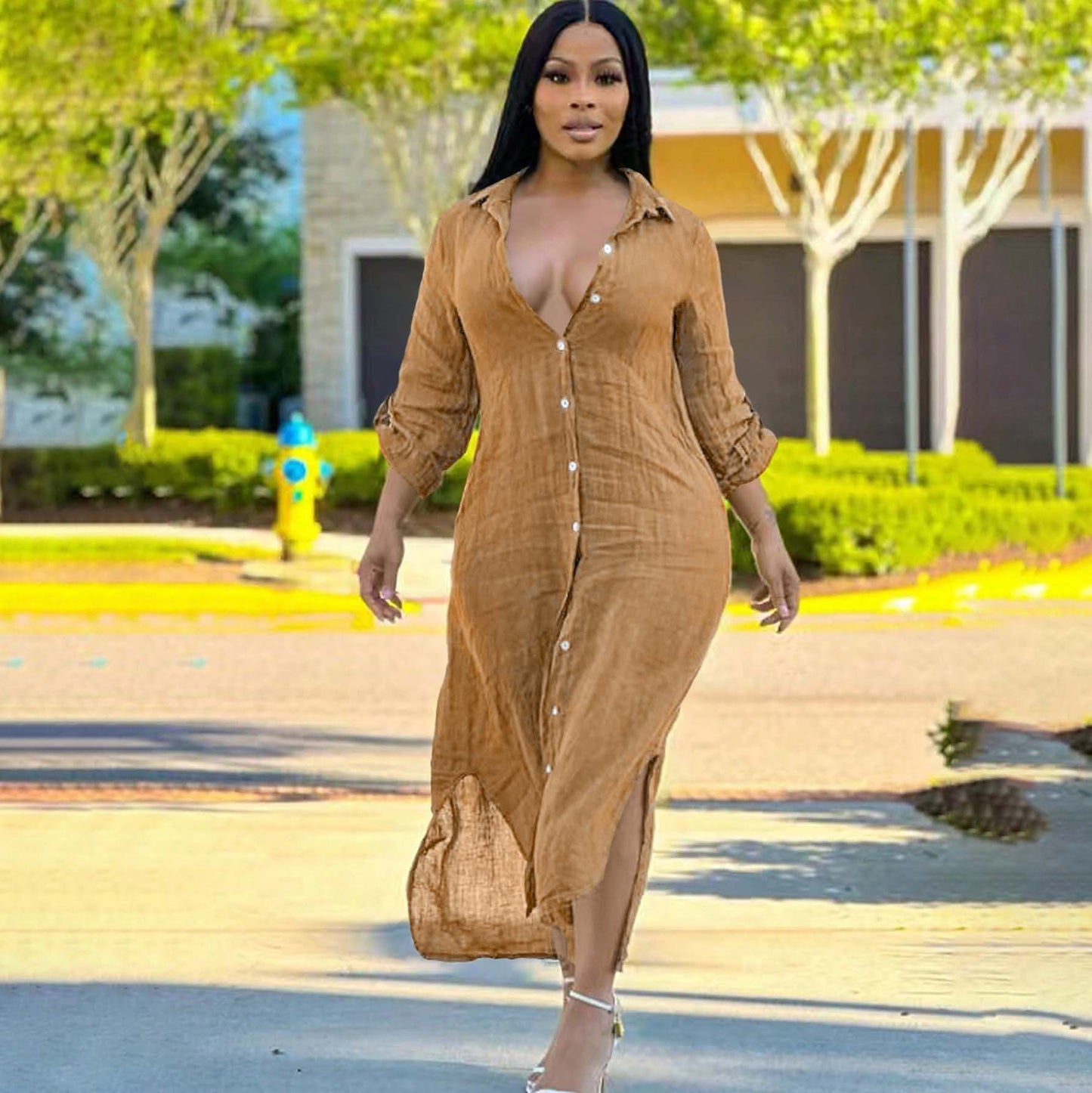 S391137 Cross-Border European and American Women's Summer Fashion Casual Long Shirt Dress with Side Slits and Elegant See-Through Dress