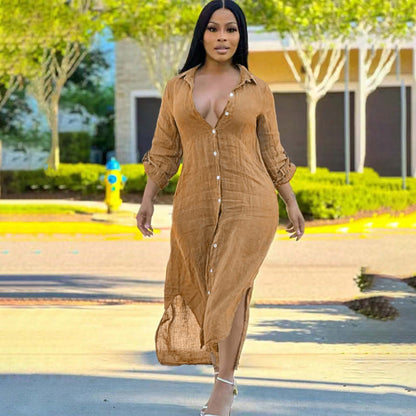 S391137 Cross-Border European and American Women's Summer Fashion Casual Long Shirt Dress with Side Slits and Elegant See-Through Dress