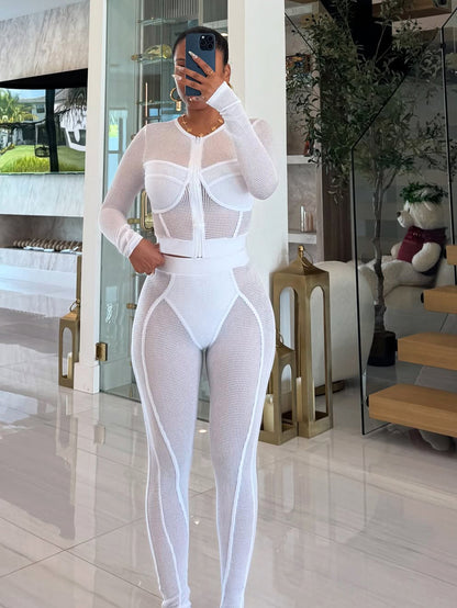 S391418 Cross-Border European and American Clothing, Fashionable and Casual Mesh Suit for Women, Zipper Cardigan and Tights Two-Piece Set