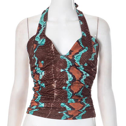 K24TP468 Europe and the United States cross-border women's autumn and winter hanging neck lace-up hollow backless strapless pattern printed top T-shirt