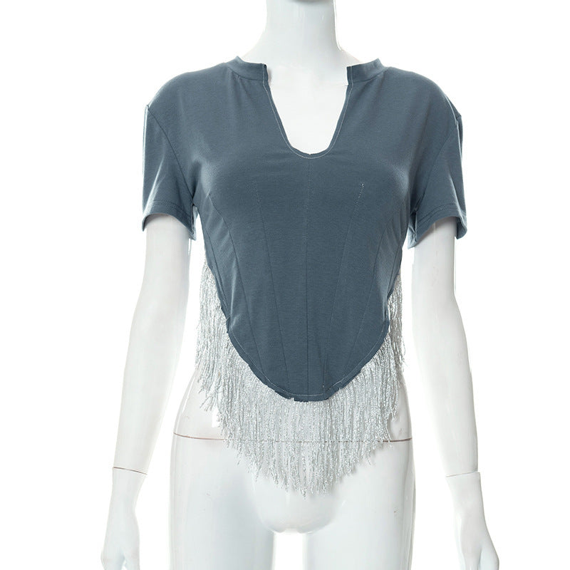 K22TP128 European and American Fashion Women's 2022 Spring New Solid Color V-neck Short Sleeve Sexy Slim Tassel Top