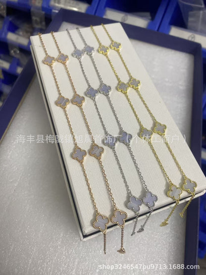 Vanjia Ten Flowers Four-Leaf Clover Necklace for Women, Twenty Flowers Plated with 18K Gold, Black Onyx, Purple Chalcedony, Laser Light Luxury High-End