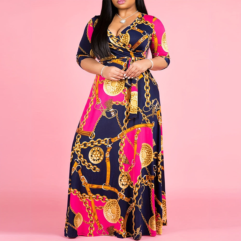 S390625 Sexy Printed Bandage Patchwork V Neck Straight-Leg Dress