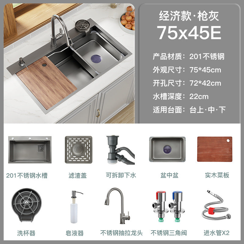 Nano Gun Grey Sink Large Single Sink Kitchen 304 Stainless Steel Handmade Vegetable Washing Sink Sink Household