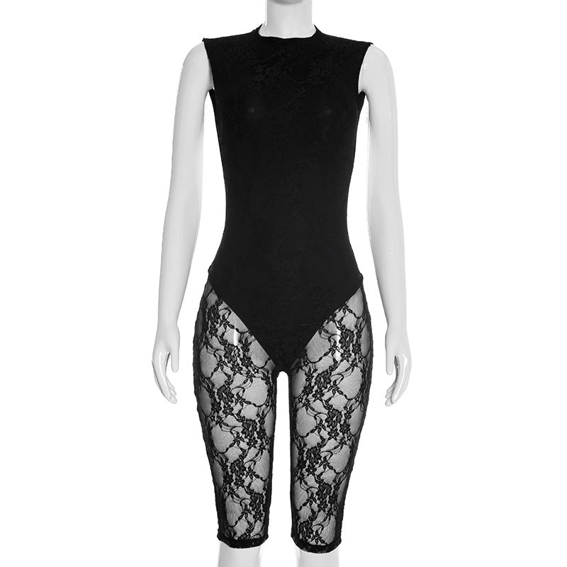 J26jp029 European and American Style Cross-Border Women's Clothing Spring and Summer Small round Neck Button Big Backless Lace Stitching Sleeveless Jumpsuit