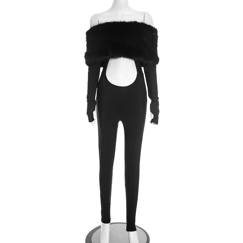 Q25Jp340 European and American Cross-Border Women's Autumn and Winter One-Line Collar Furry Off-Shoulder Splicing Cut Out Finger-Length Jumpsuit