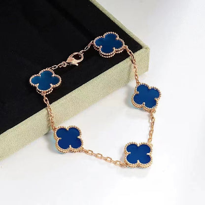 High version 925 silver 9mm small six-flower mini four-leaf clover bracelet women's full diamond natural white fritillary red chalcedony agate
