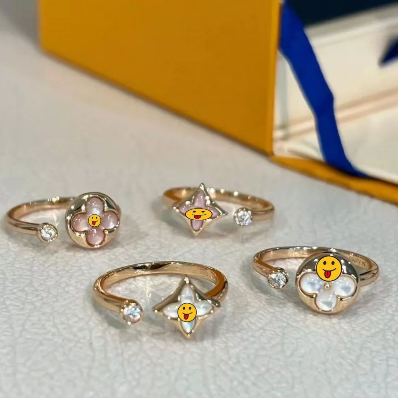Donkey Home V Gold High Version Pointy Flower Round Cake Ring Women's Light Luxury Natural Fritillaria Thick Plating Fashionable Beautiful V Open Ring