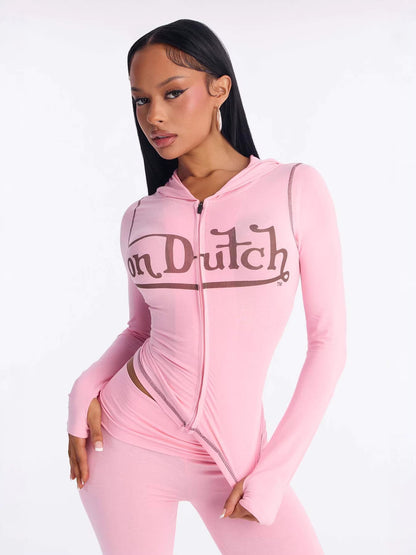 European and American New Ins Foreign Trade Solid Color Letter Printing Stretch Sports Style Zipper Hooded Jacket Trousers Suit for Women
