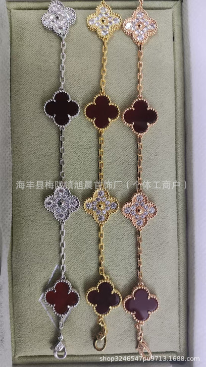 High Version V Gold Four-Leaf Clover Five-Flower Bracelet Cnc Women's Red Agate Purple Chalcedony White Mother-Of-Pearl Plated V Gold V Fashionable and Beautiful