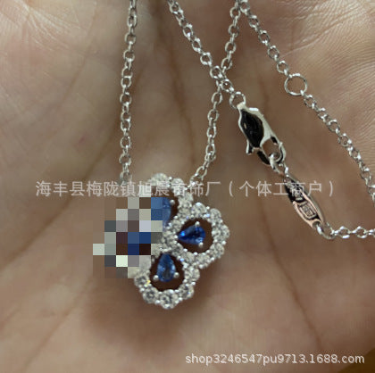 V Gold High Version Hw Harey Four-Leaf Clover Necklace Women's Accessible Luxury Silver Loop Flower Full Diamond Sapphire Clavicle Chain