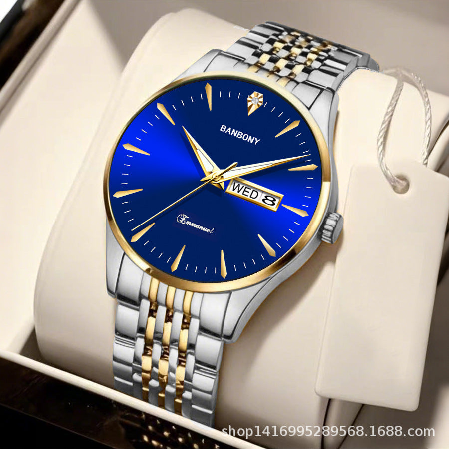 Watch Men's Double Calendar Diamond Luminous Waterproof Simple Thin in stock Daifa Spelling Duoduo Shake Voice Live Video