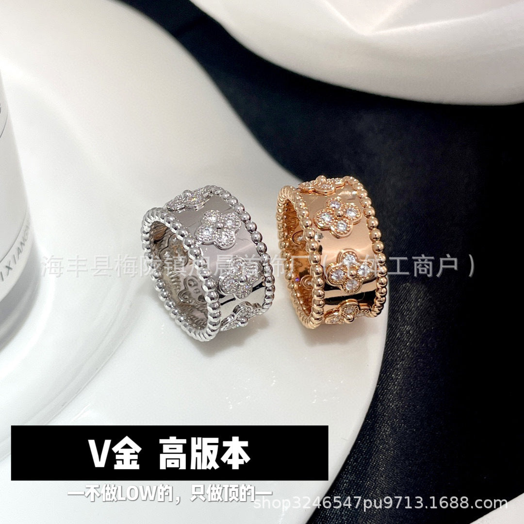 V gold high version thick plated 18K mi gold four-leaf clover kaleidoscope flower petal ring personality ring factory outlet