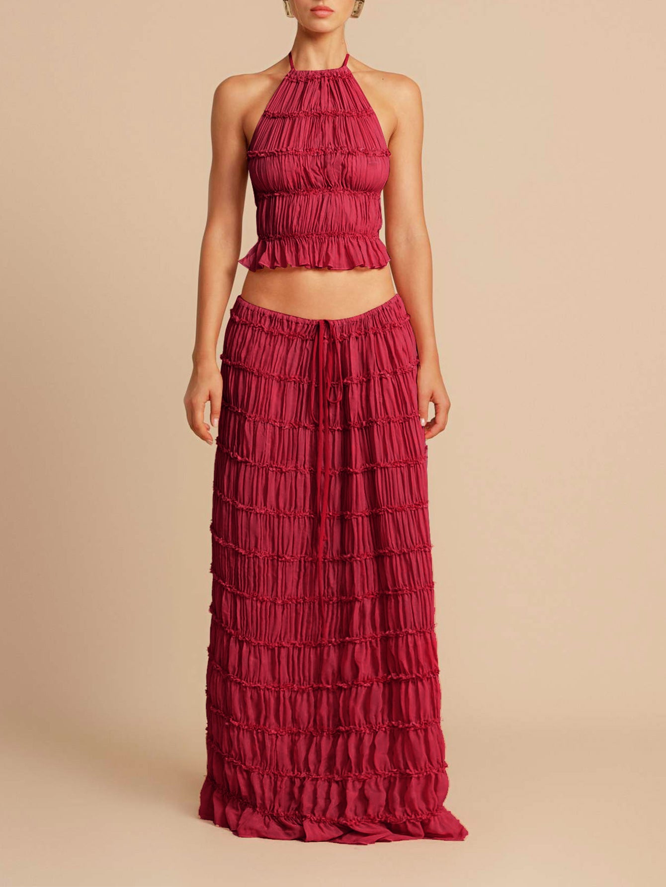 S391524 Spring and Summer Holiday Style Halter Suit Women's Pure Desire to Pleated Sling Top + Half-Length Dress Two-Piece Suit