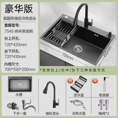 Black 304 Stainless Steel Sink 3mm Thickeneded Kitchen Sink Large Single Tank Household Above Counter Basin under Counter Dishwashing Basin