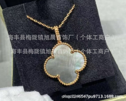 New Product 2024 Four-Leaf Clover Sweater Chain 18K Rose Gold Carnelian White Mother-Of-Pearl Pendant Clavicle Chain Couple Gift