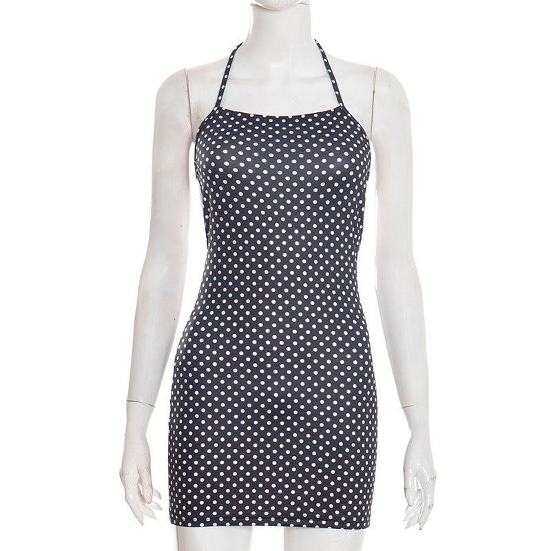J26ds002 European and American Cross-Border Women's Spring and Summer Thin Strap Halter Backless Lace-up Polka Dot Printed Sheath Mini Dress
