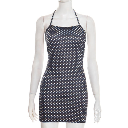 J26ds002 European and American Cross-Border Women's Spring and Summer Thin Strap Halter Backless Lace-up Polka Dot Printed Sheath Mini Dress
